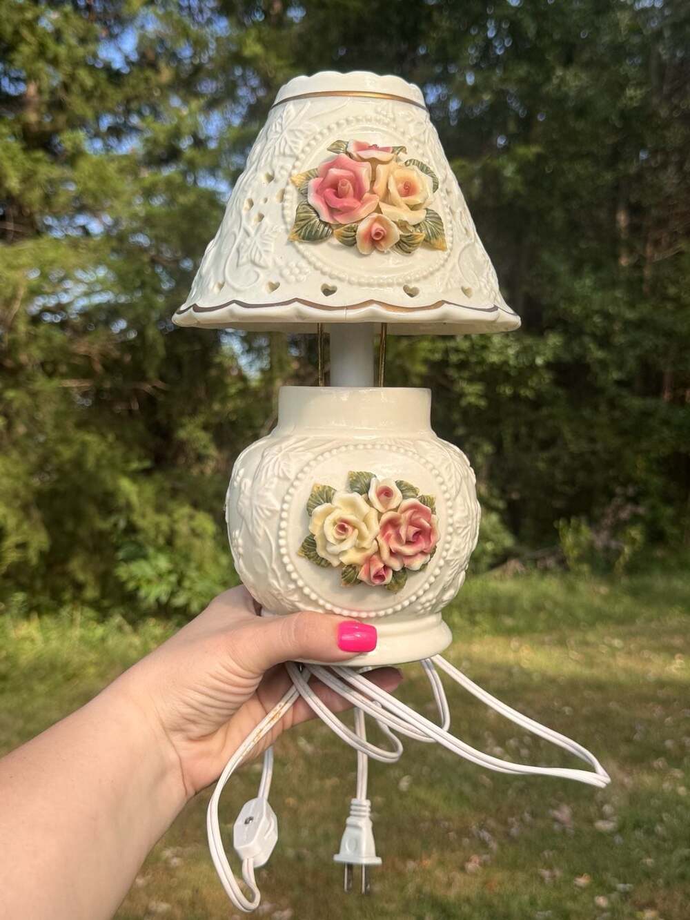 Vintage Porcelain Floral Table Lamp with Pierced Shade and Applied Roses